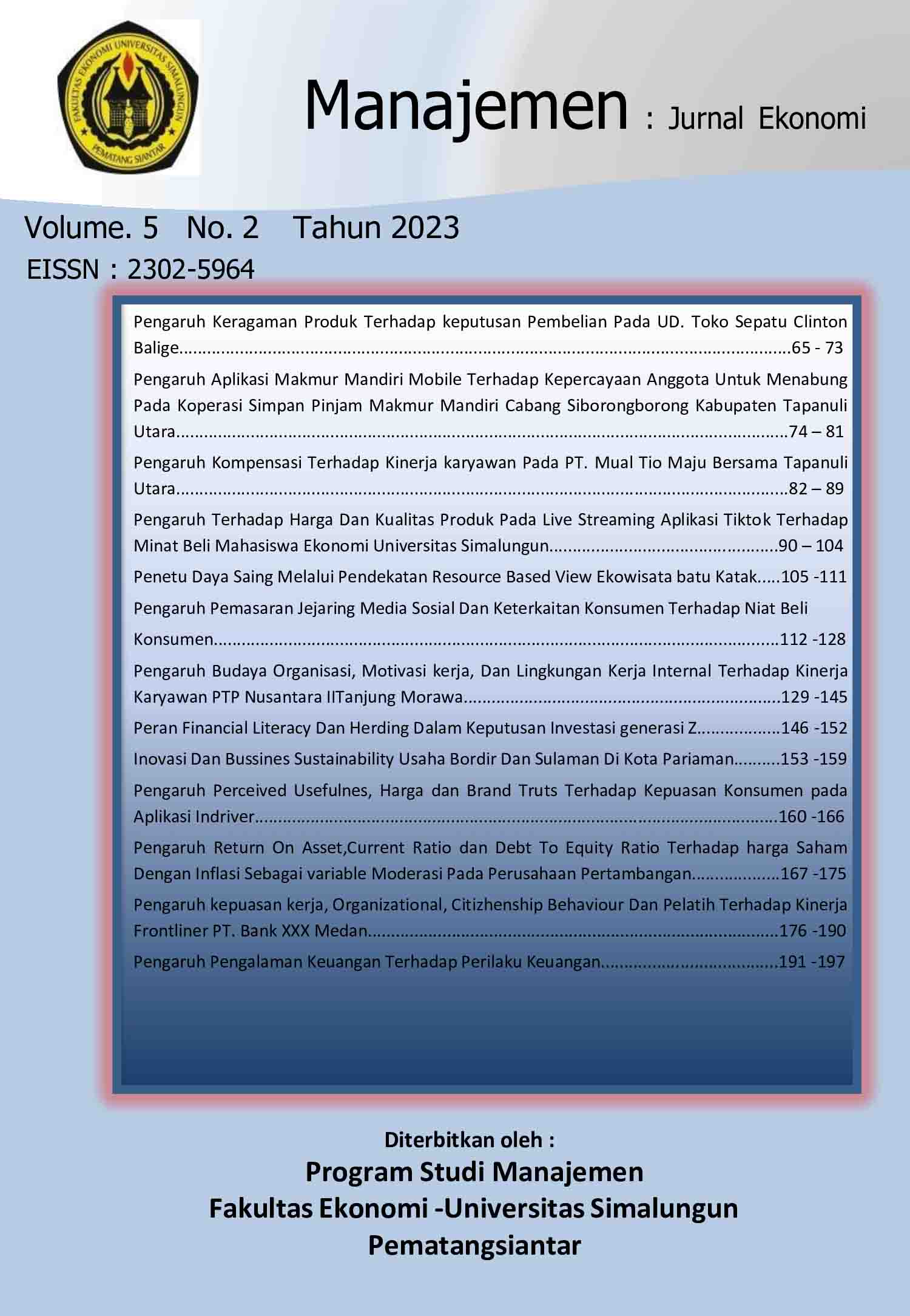					View Vol. 5 No. 2 (2023): Manajemen : Jurnal Ekonomi Vol 5 No 2 November 2023
				