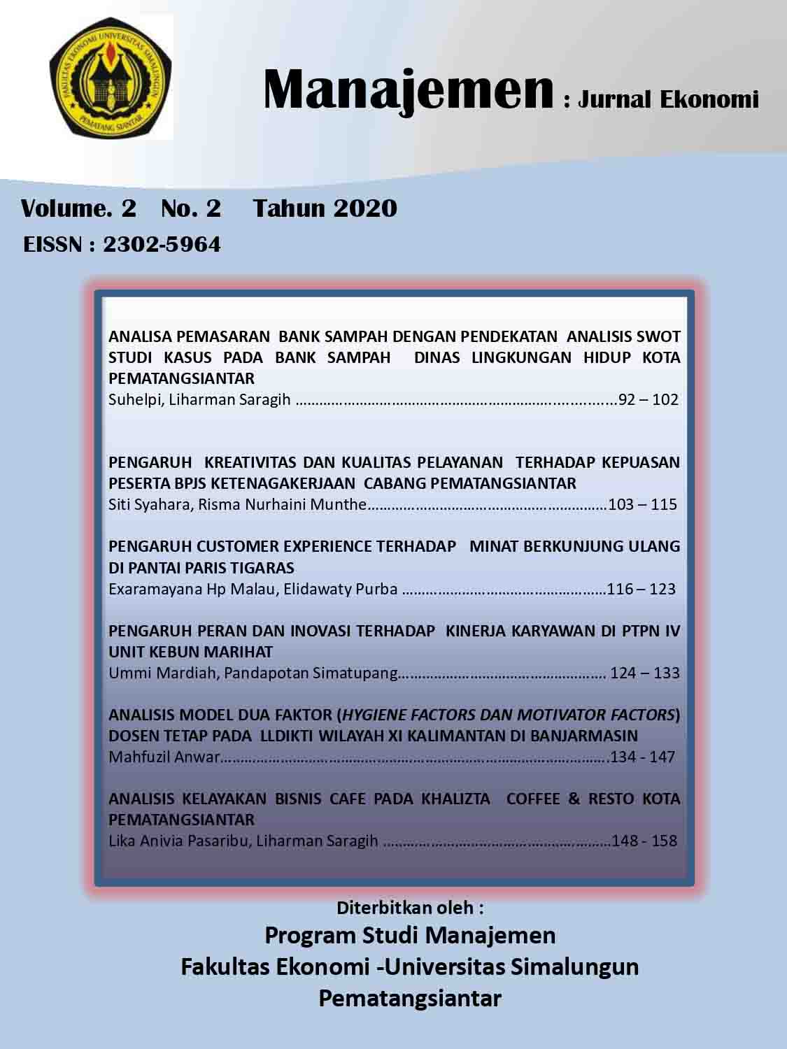 					View Vol. 2 No. 2 (2020): Manajemen : Jurnal Ekonomi Vol 2 No 2 Nov 2020
				