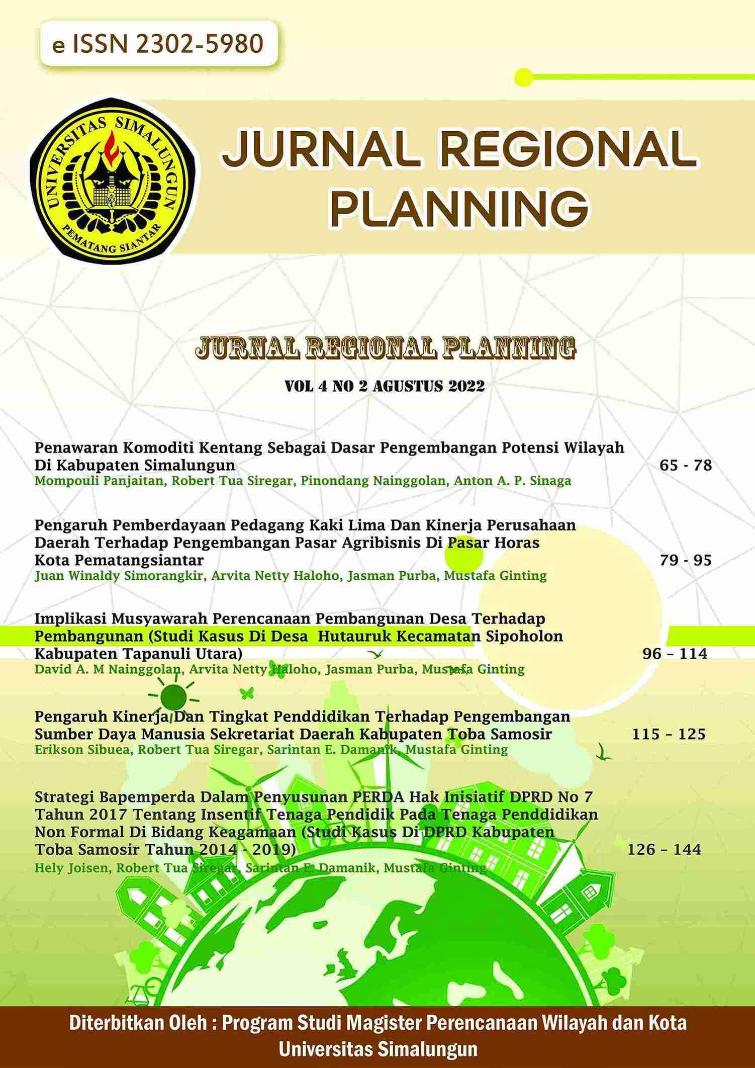 					View Vol. 4 No. 2 (2022): Jurnal Regional Planning
				