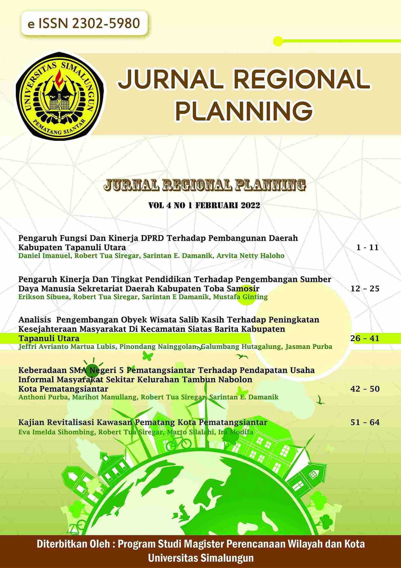 					View Vol. 4 No. 1 (2022): Jurnal Regional Planning
				